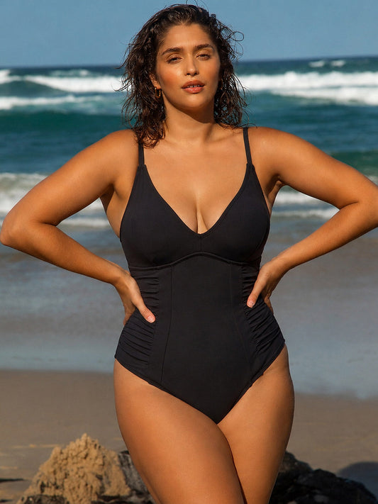 Black Ruched Tummy Control Plus Size One Piece Swimsuit