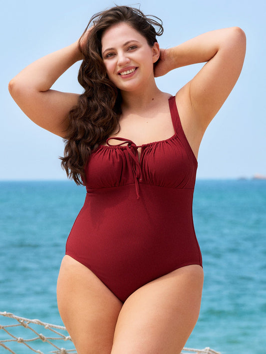 Wine Red Cutout Tie Plus Size One-Piece Swimsuit