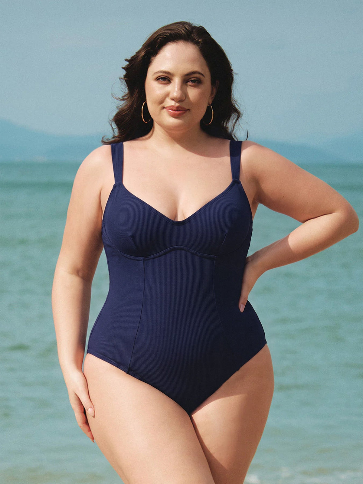 Navy Ribbed Tummy Control Plus Size One Piece Swimsuit