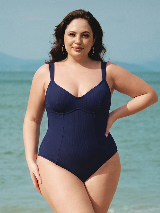 Navy Ribbed Tummy Control Plus Size One Piece Swimsuit