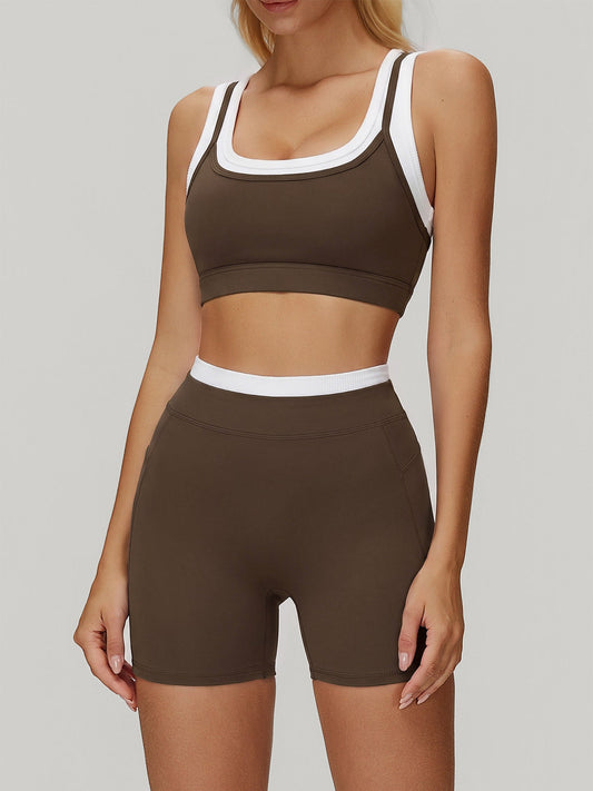 Coffee U Neck Contrast Trim Sports Bra - Light Support