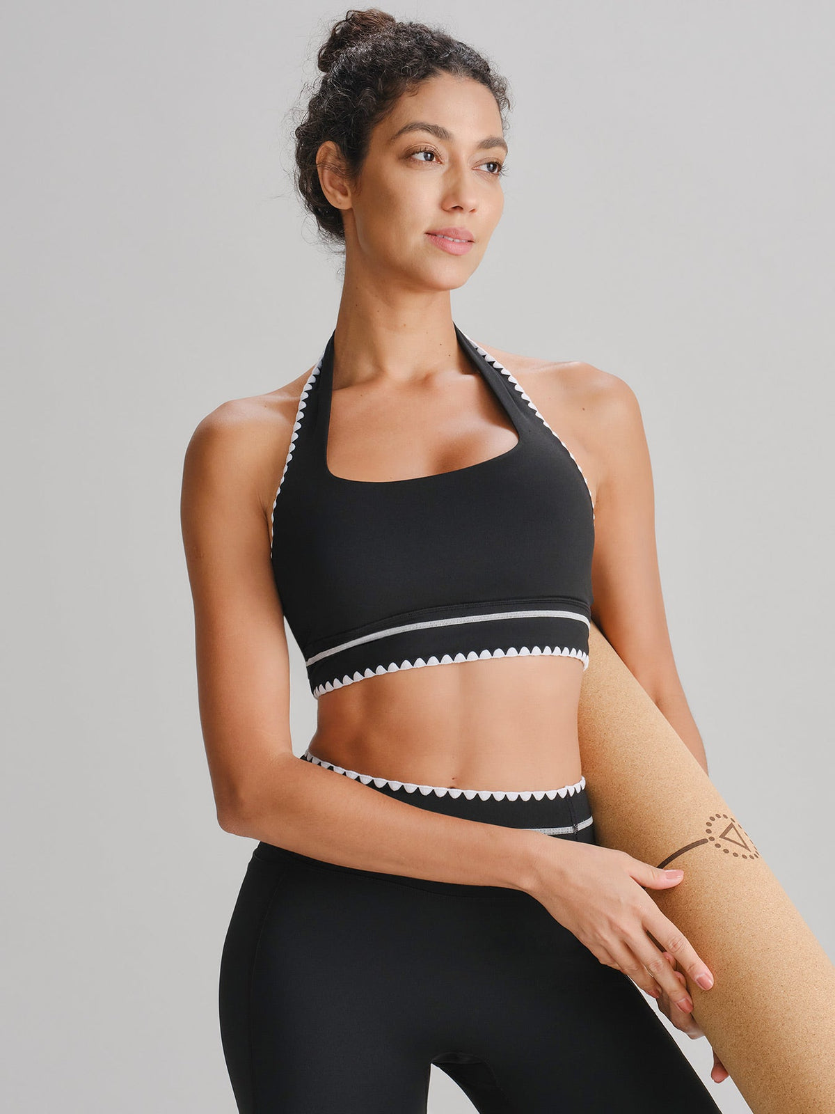 Black Contrast Trim Halter Sports Bra