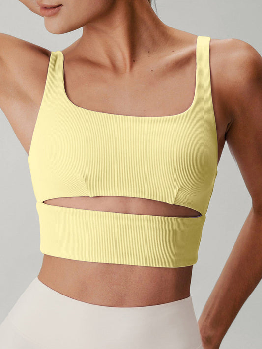 Light Yellow Ribbed Cutout U‑Neck Sports Bra
