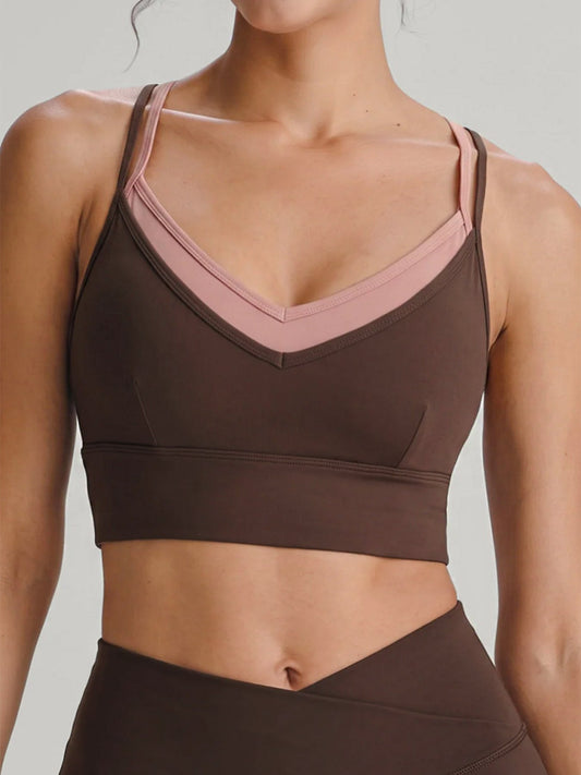 Coffee Contrast Cross Back Sports Bra - Light Support