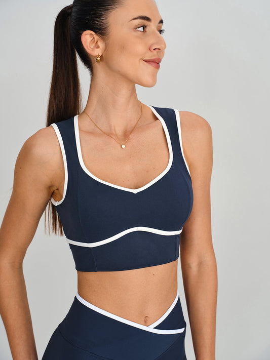 Navy Contrast Trim Open Back Sports Bra