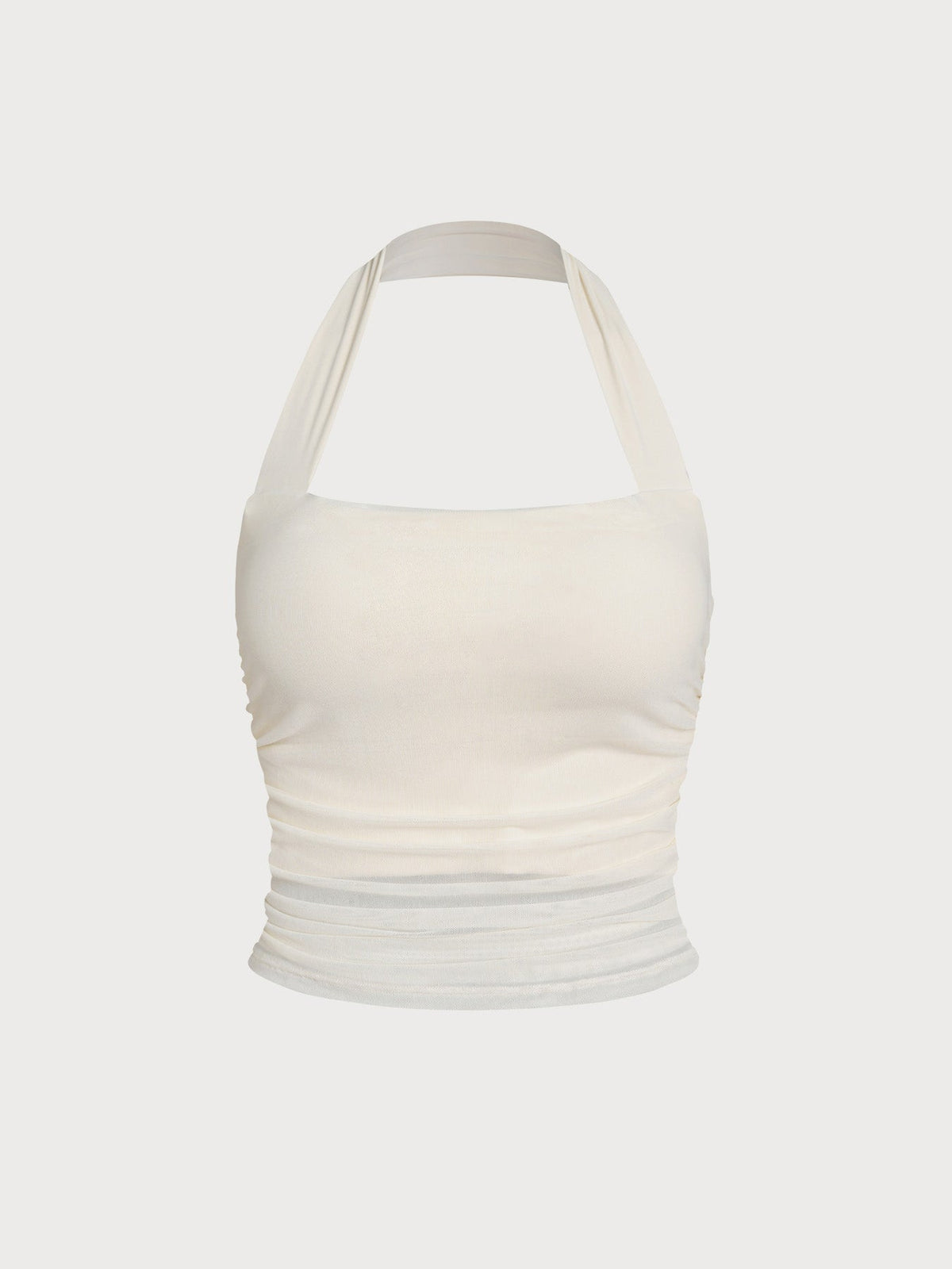 Cream Halter Neck Ruched Mesh Crop Top
