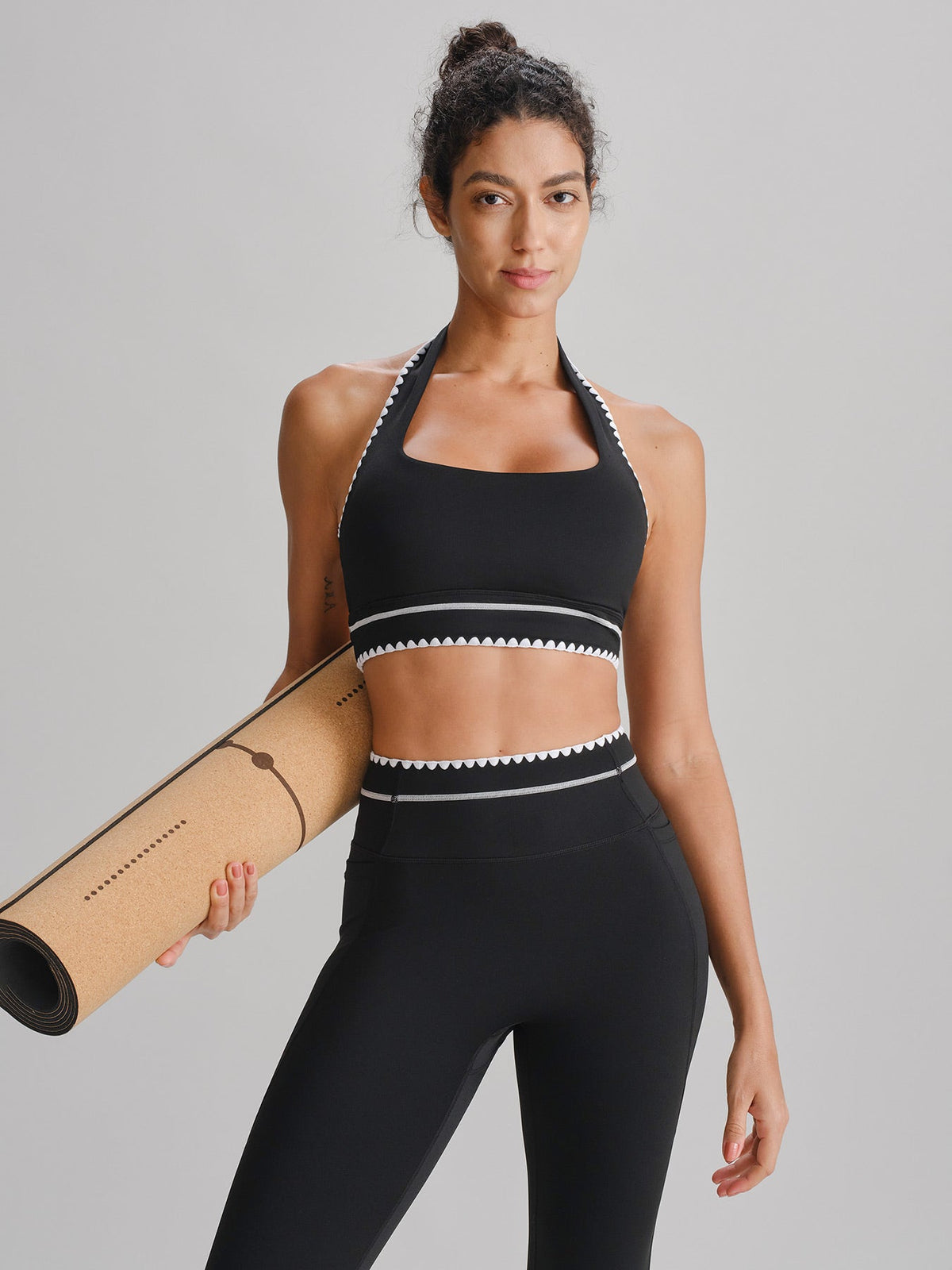 Black Contrast Trim Halter Sports Bra