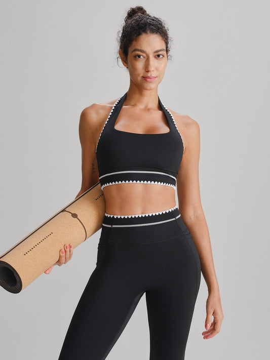 Black Contrast Trim Halter Sports Bra