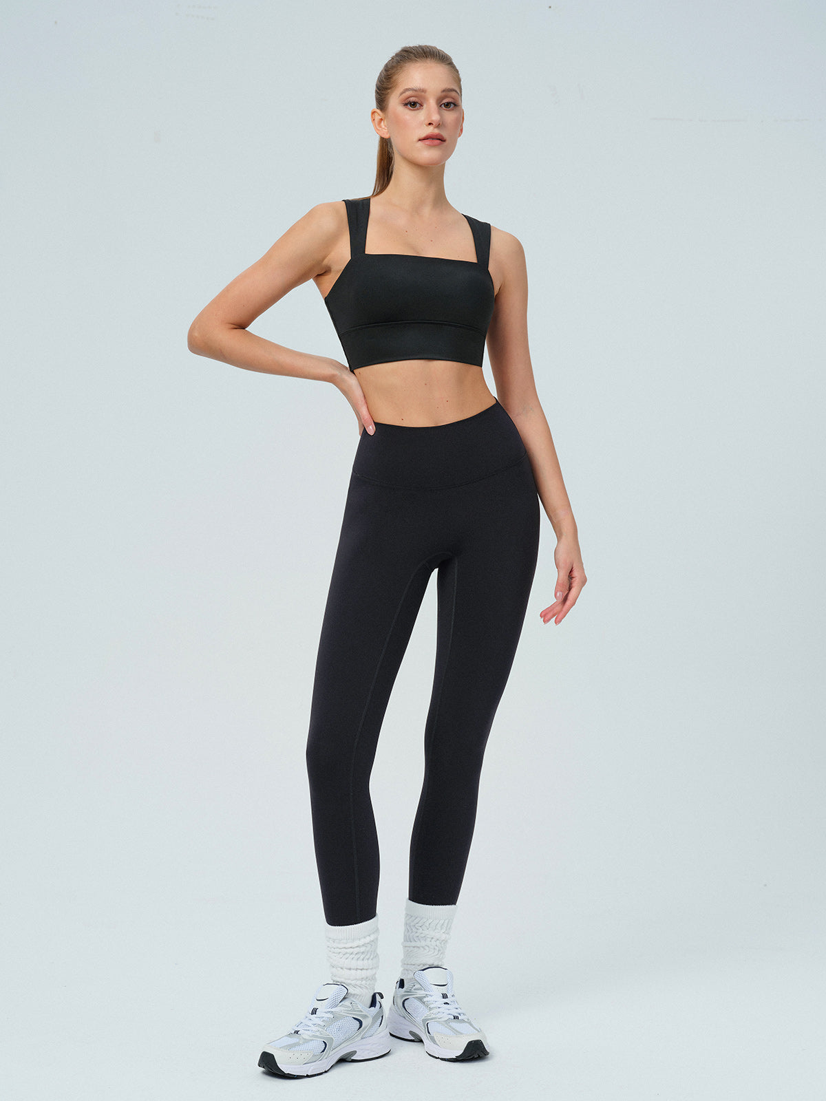 Black Square Neck Twisted Back Sports Bra -Light Support