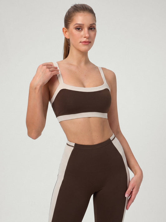 Coffee Contrast Trim Sports Bra - Light Support