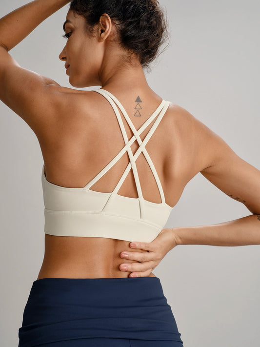 Ivory Round Neck X Cross Yoga Tank Top - Light Support