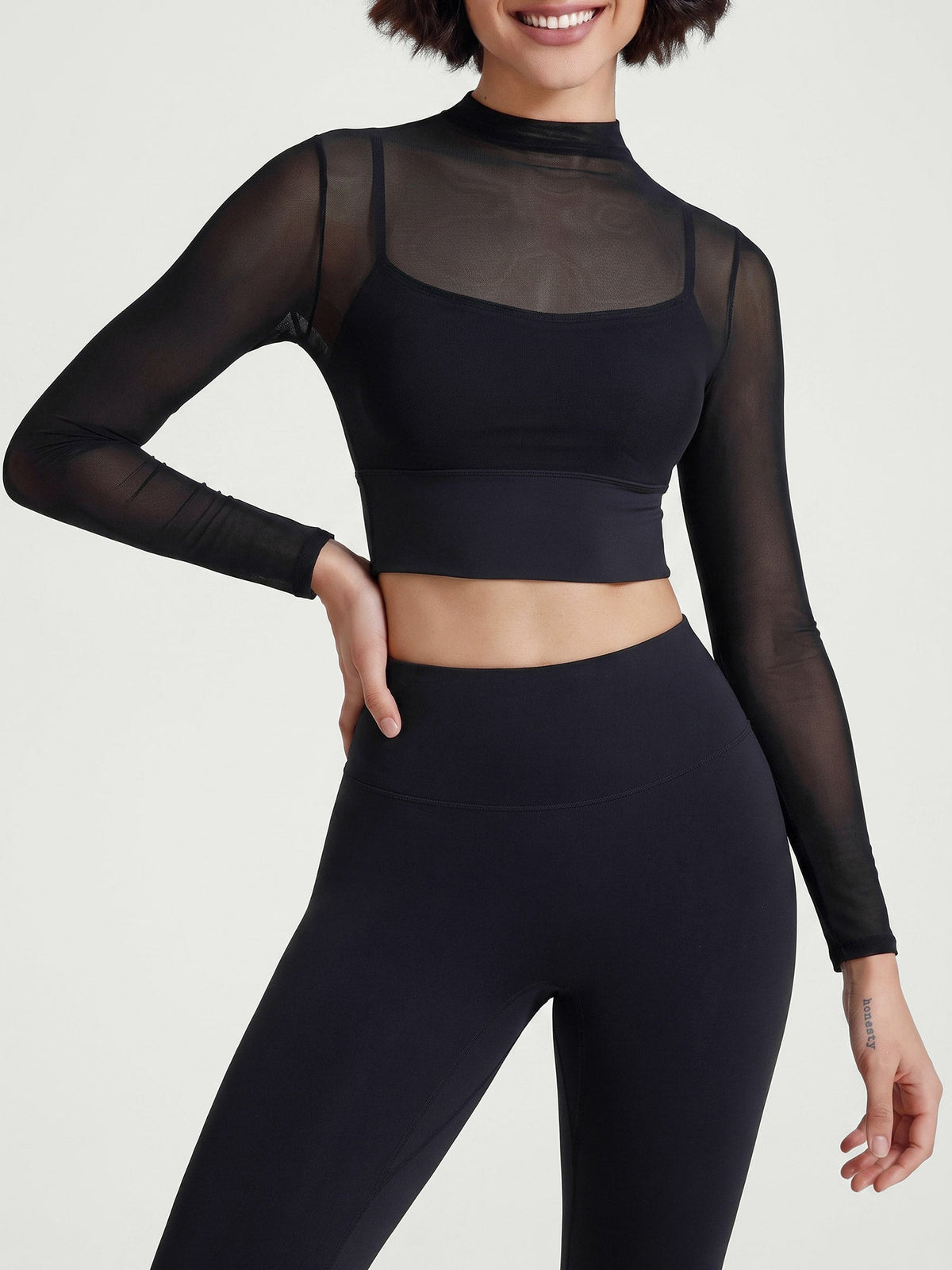 Black Turtle Neck Mesh Long Sleeve Top - Light Support