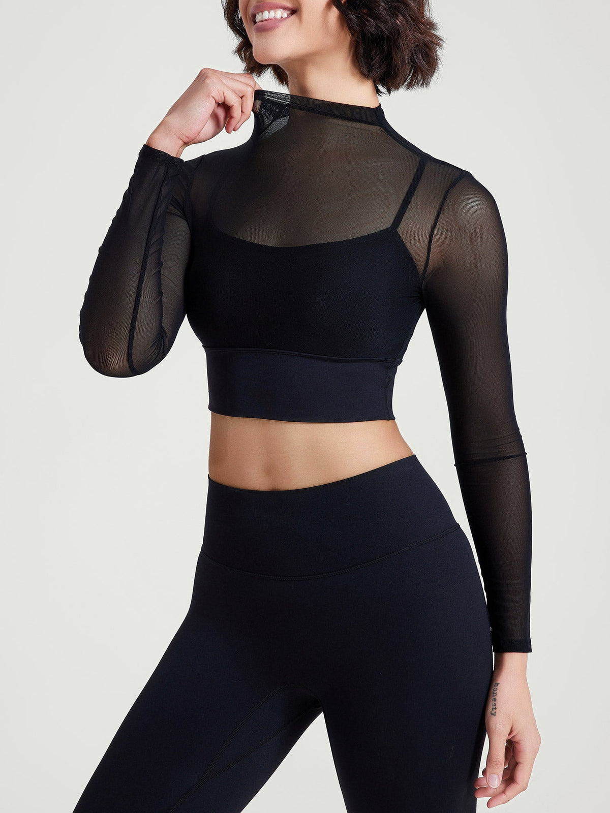 Black Turtle Neck Mesh Long Sleeve Top - Light Support