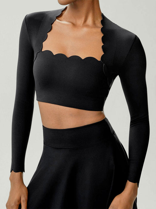 Black Scalloped Square Neck Long Sleeve Top - Light Support