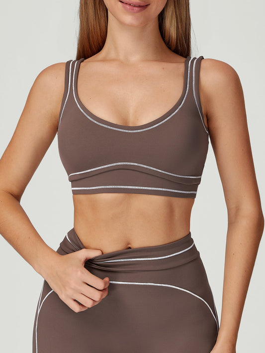 Coffee Contrast-Trim Sports Bra