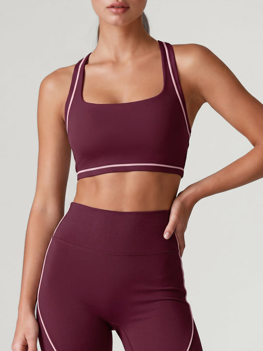 Burgundy Square Neck Contrast‑Trim Halter Sports Bra