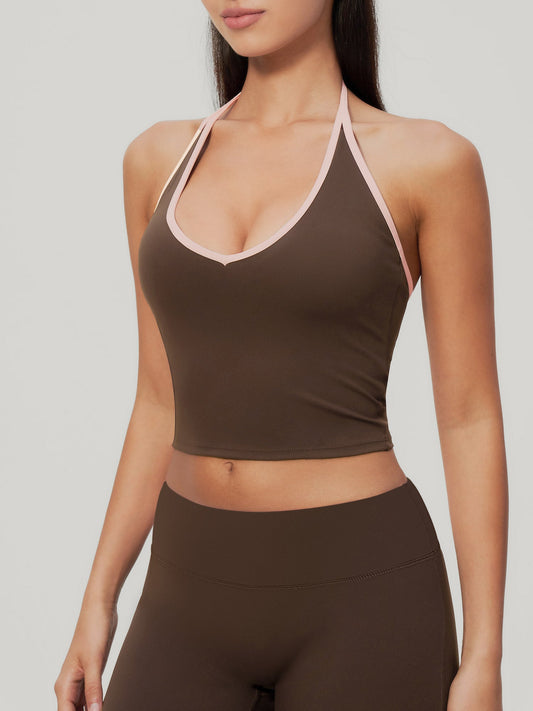 Coffee Contrast Trim Halter Tank Top - Light Support