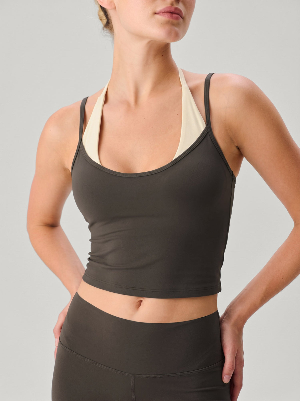 Coffee Contrast Layered Strap Tank Top - Light Support