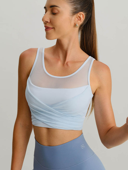 Light Blue Mesh Cross-Front Tank Top - Light Support