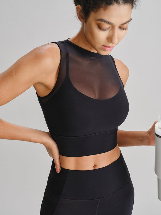 Black Mesh Sleeveless Tank Top - Light Support