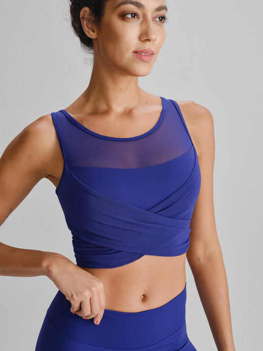 Blue Mesh Cross-Front Tank Top - Light Support