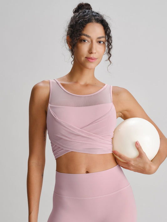 Pink Mesh Cross-Front Tank Top - Light Support
