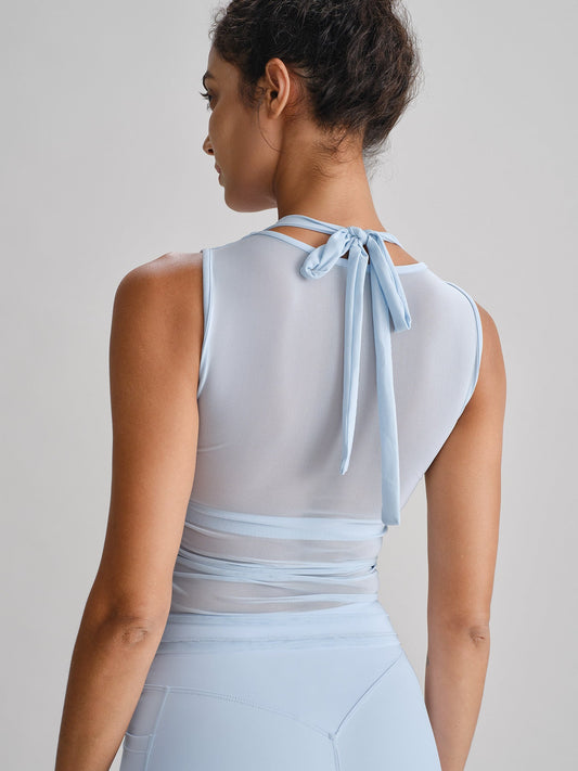 Light Blue Wrap Mesh Yoga Tank Top - Light Support
