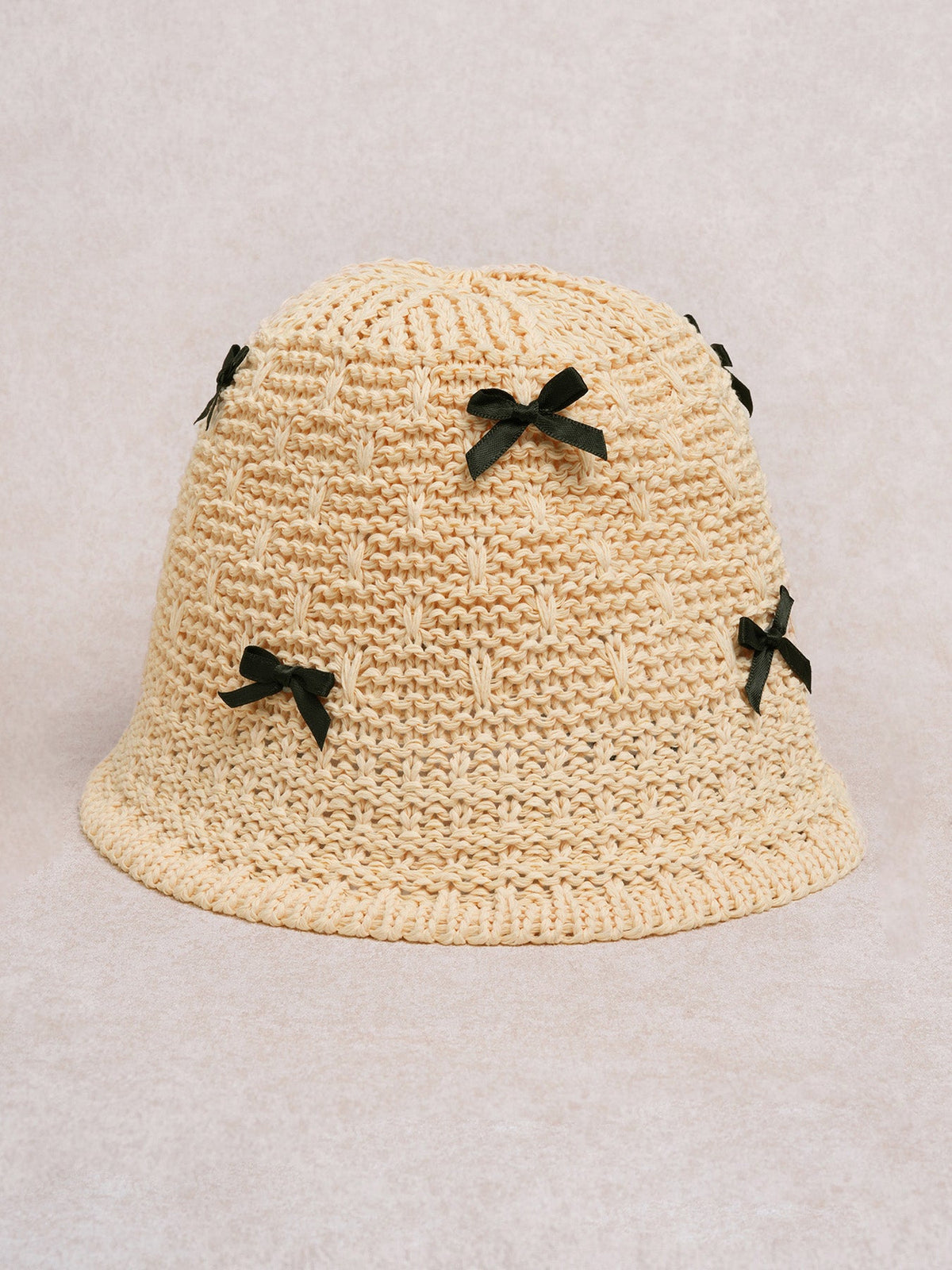 Beige Knit Bow Bucket Hat