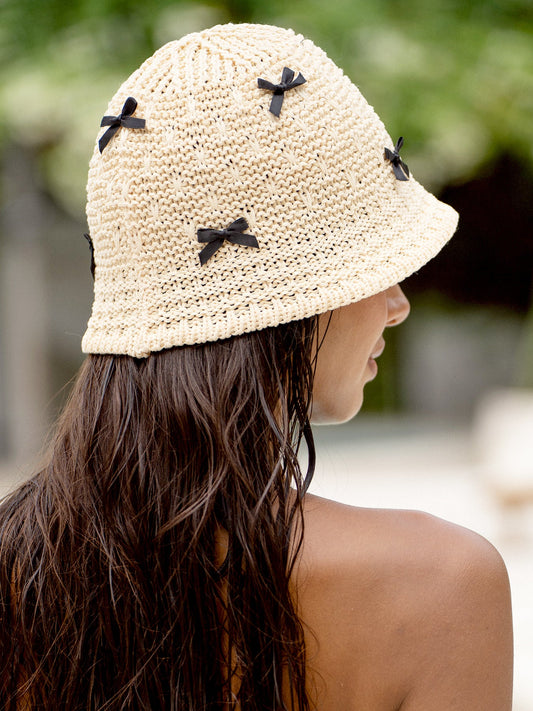 Beige Knit Bow Bucket Hat