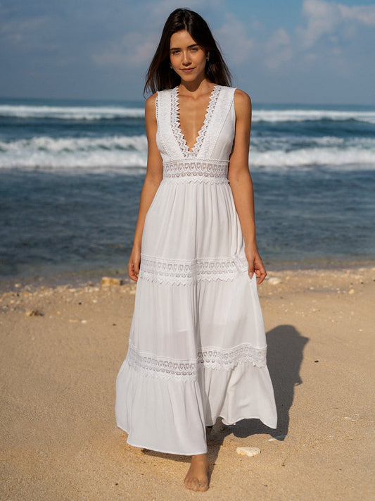 White Lace Plunging V Neck Beach Dress