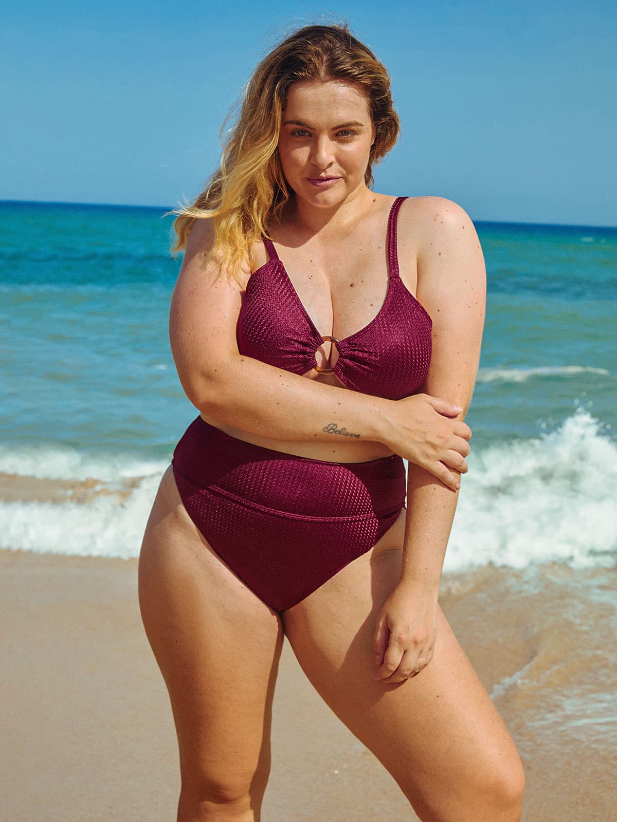Burgundy Jacquard Plus Size Bikini Bottom