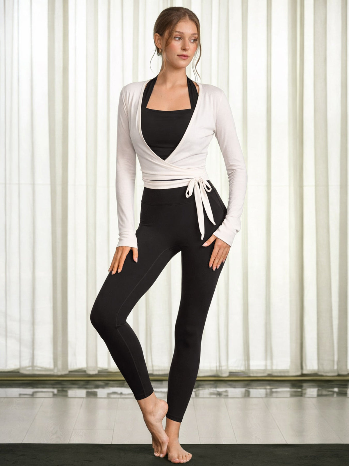 White Tie Waist Yoga Wrap Top