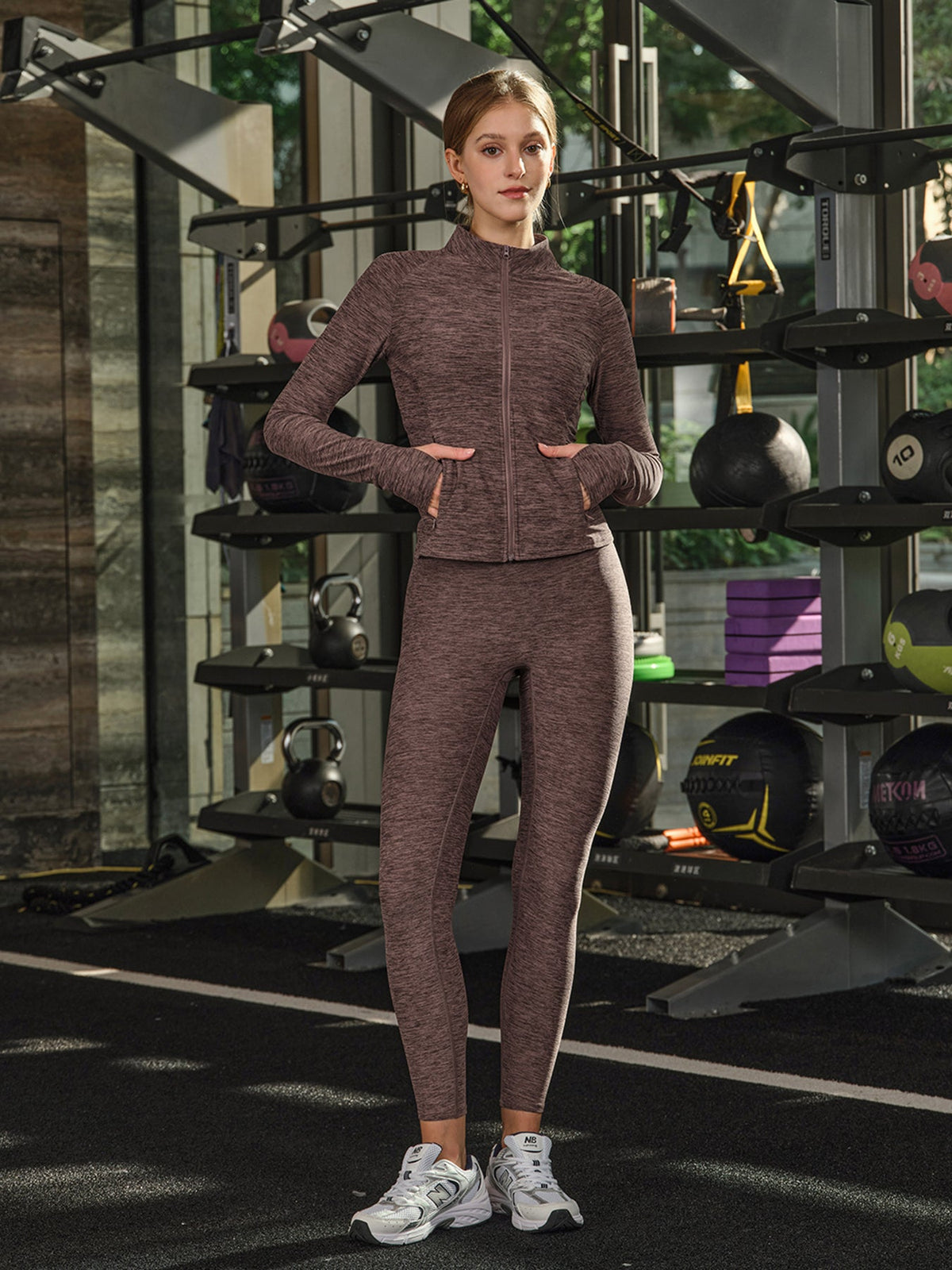 Coffee Heathered Zip-Up Athletic Jacket