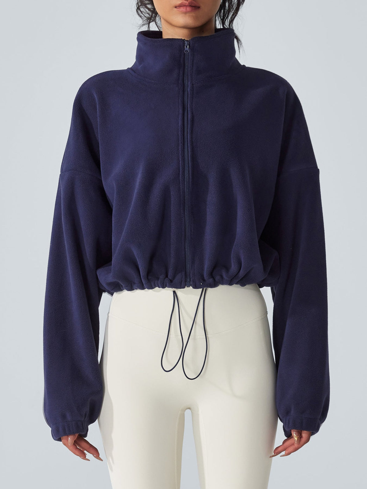 Navy Cropped Fleece Zip-Up Sports Jacket