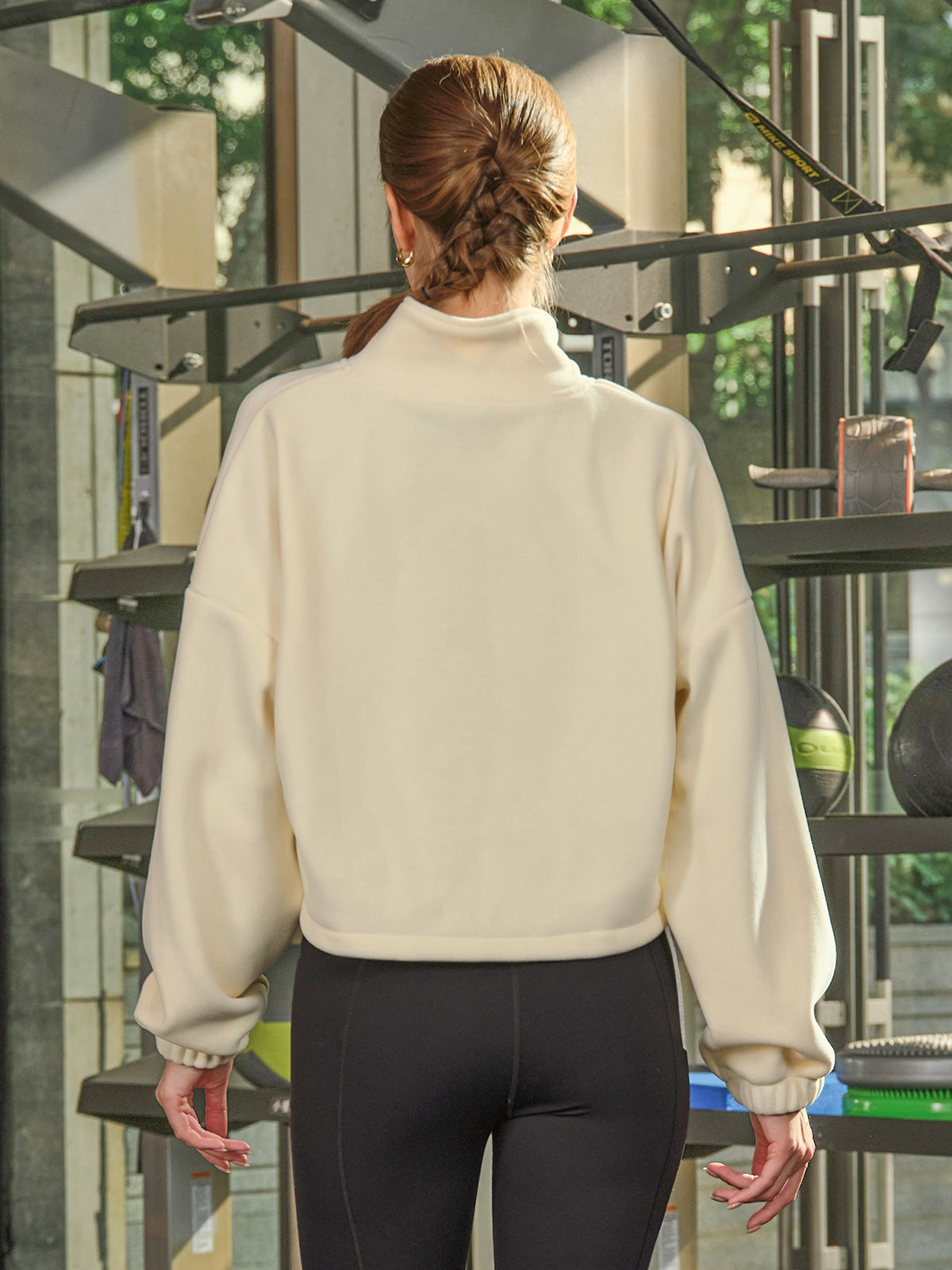 Cream Cropped Fleece Zip-Up Sports Jacket