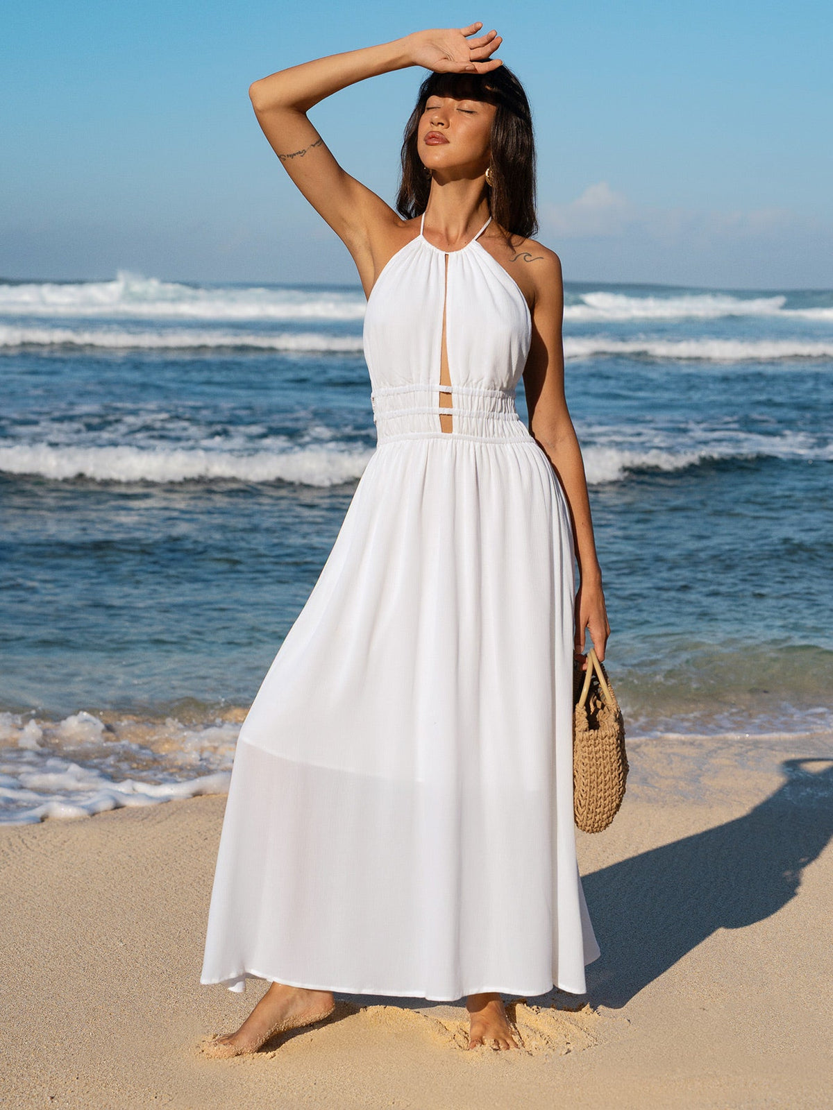 White Cutout Backless Beach Dress