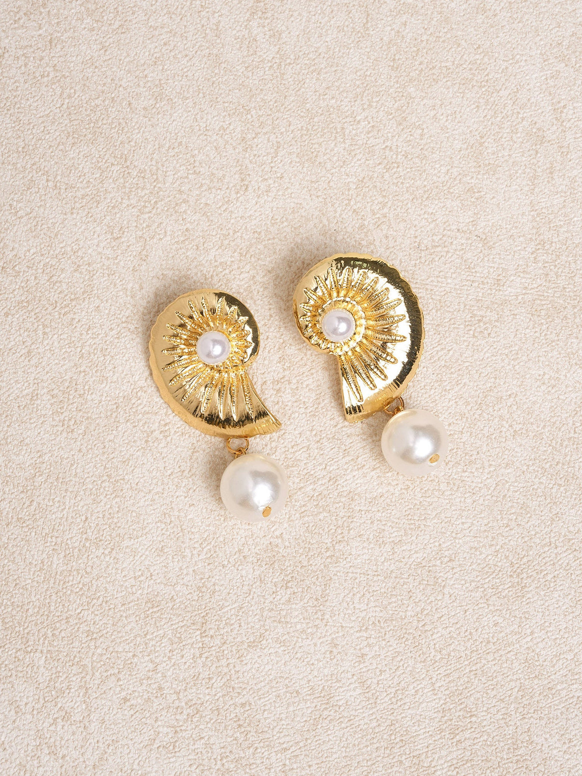 Gold Nautilus Pearl Drop Earrings