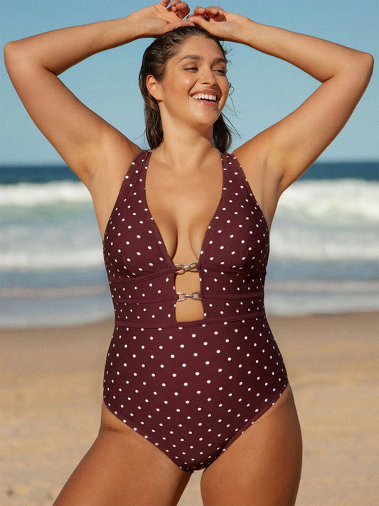 Brown Polka Dot Cutout X Cross Plus Size One-Piece Swimsuit