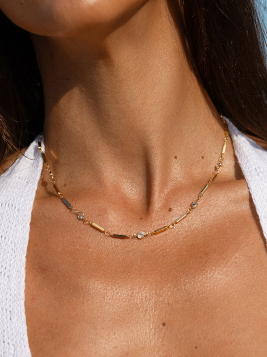 Gold Thin Bar Rhinestone Necklace