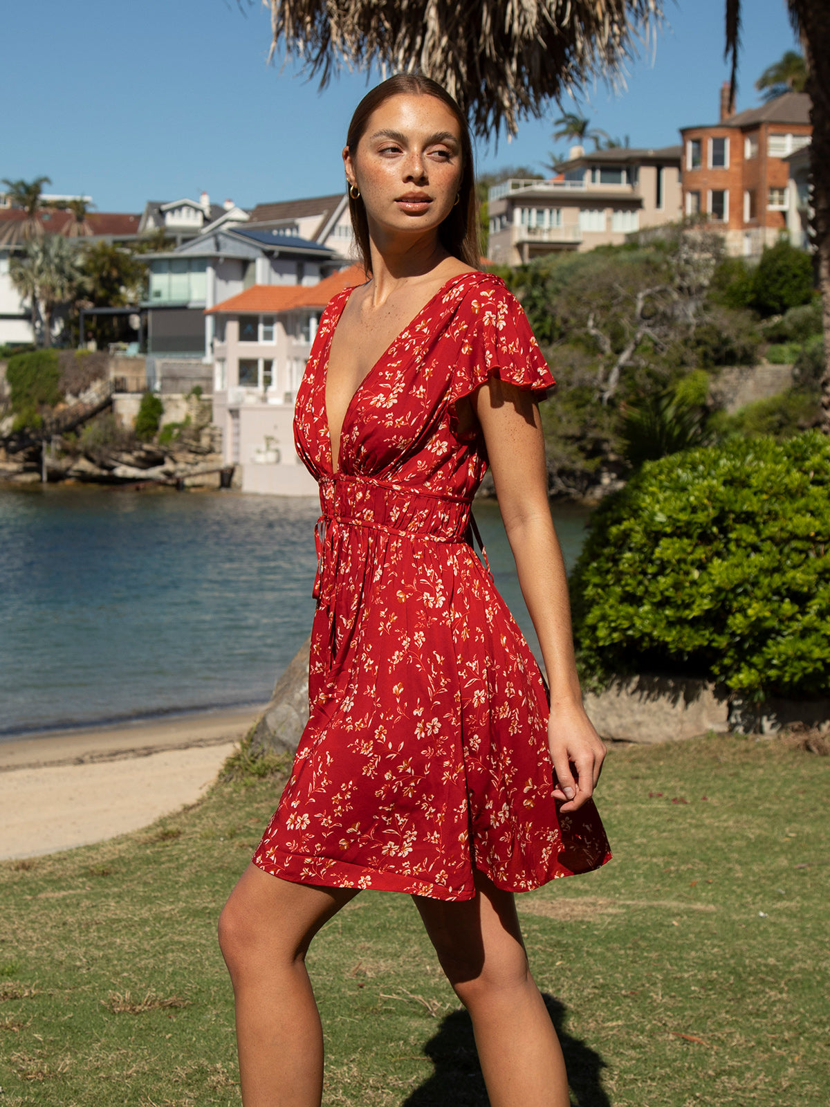 Red Floral V-Neck Beach Dress