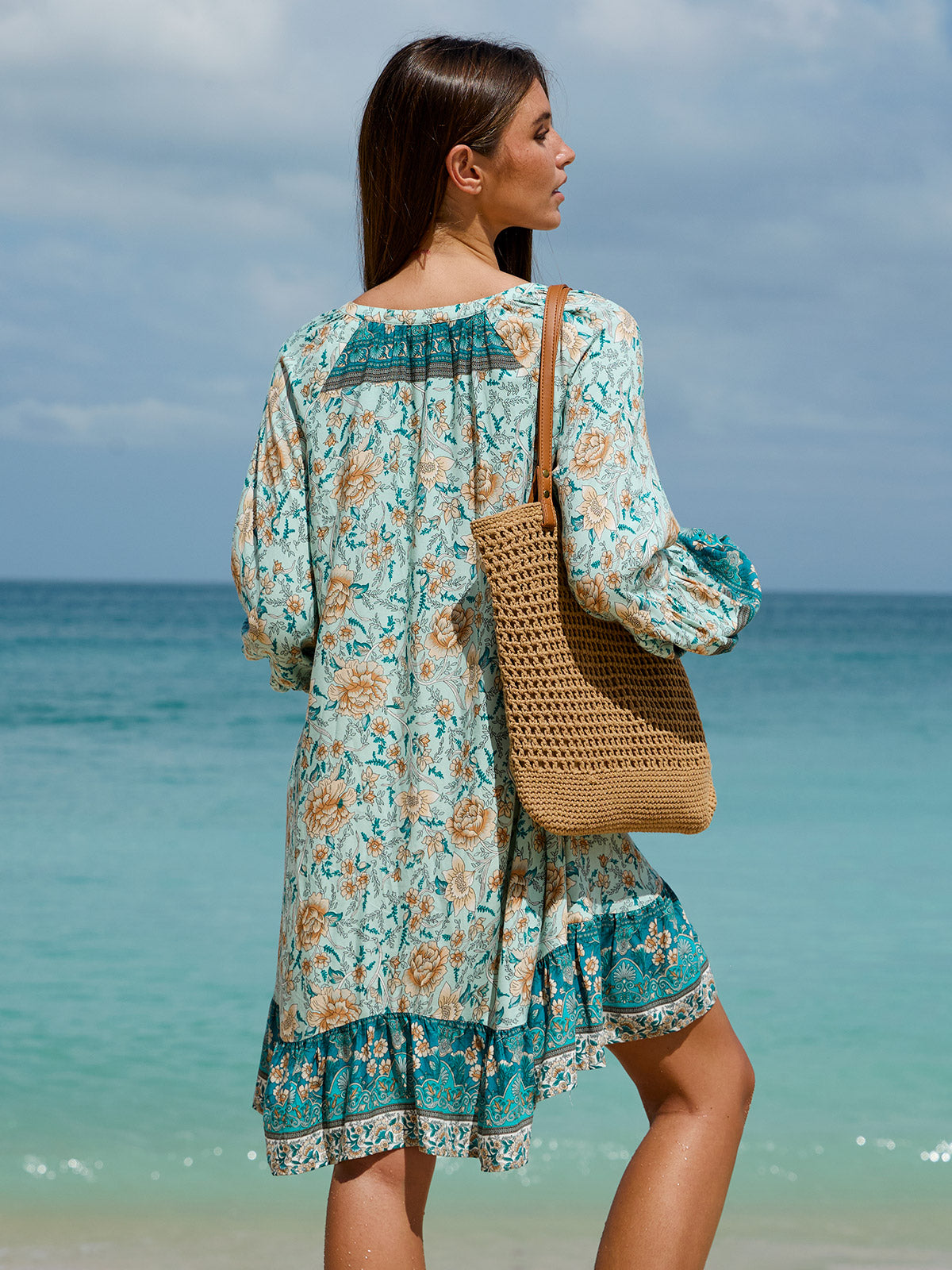 Floral Print Raglan Sleeve Beach Dress