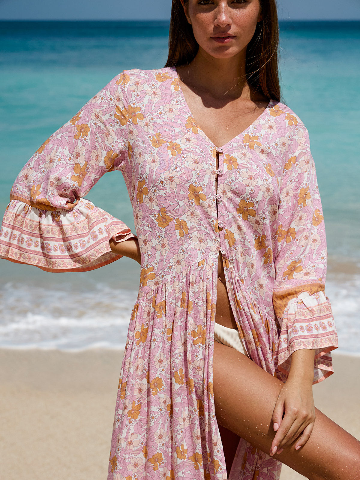 Pink Printed Ruffled Beach Dress