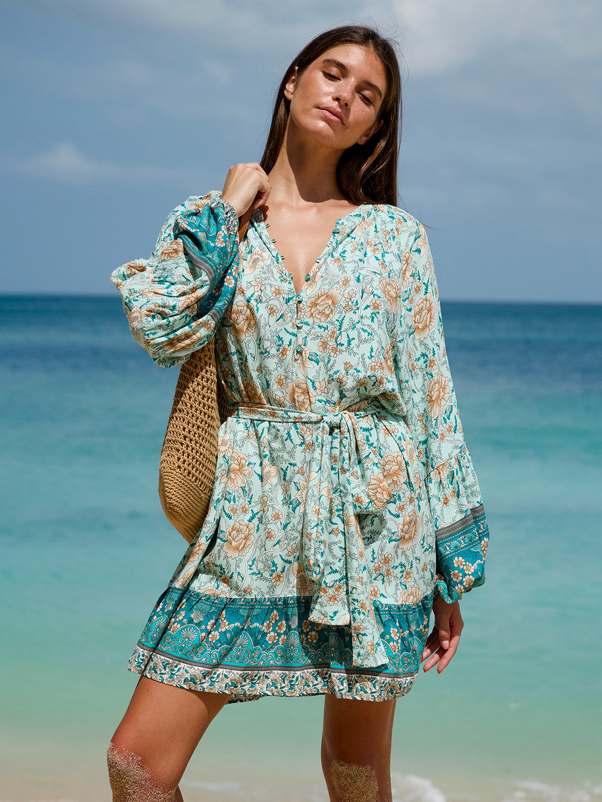 Floral Print Raglan Sleeve Beach Dress