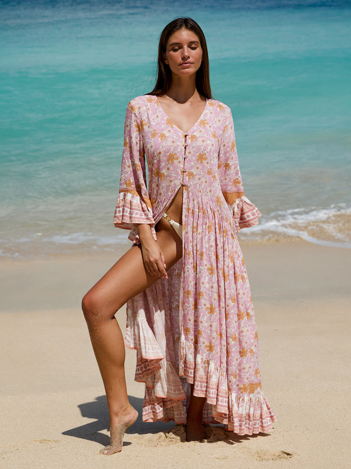 Pink Printed Ruffled Beach Dress