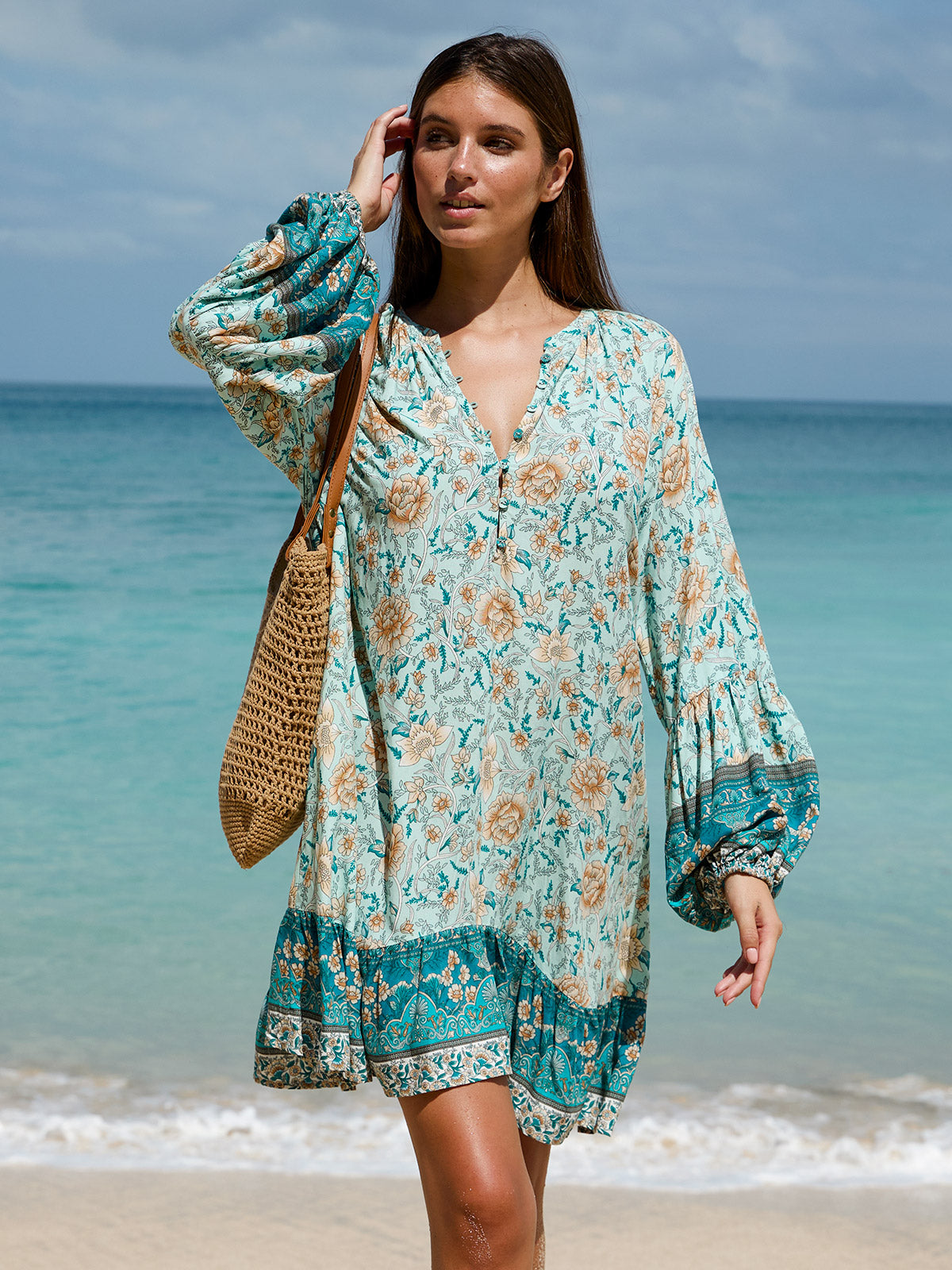 Floral Print Raglan Sleeve Beach Dress