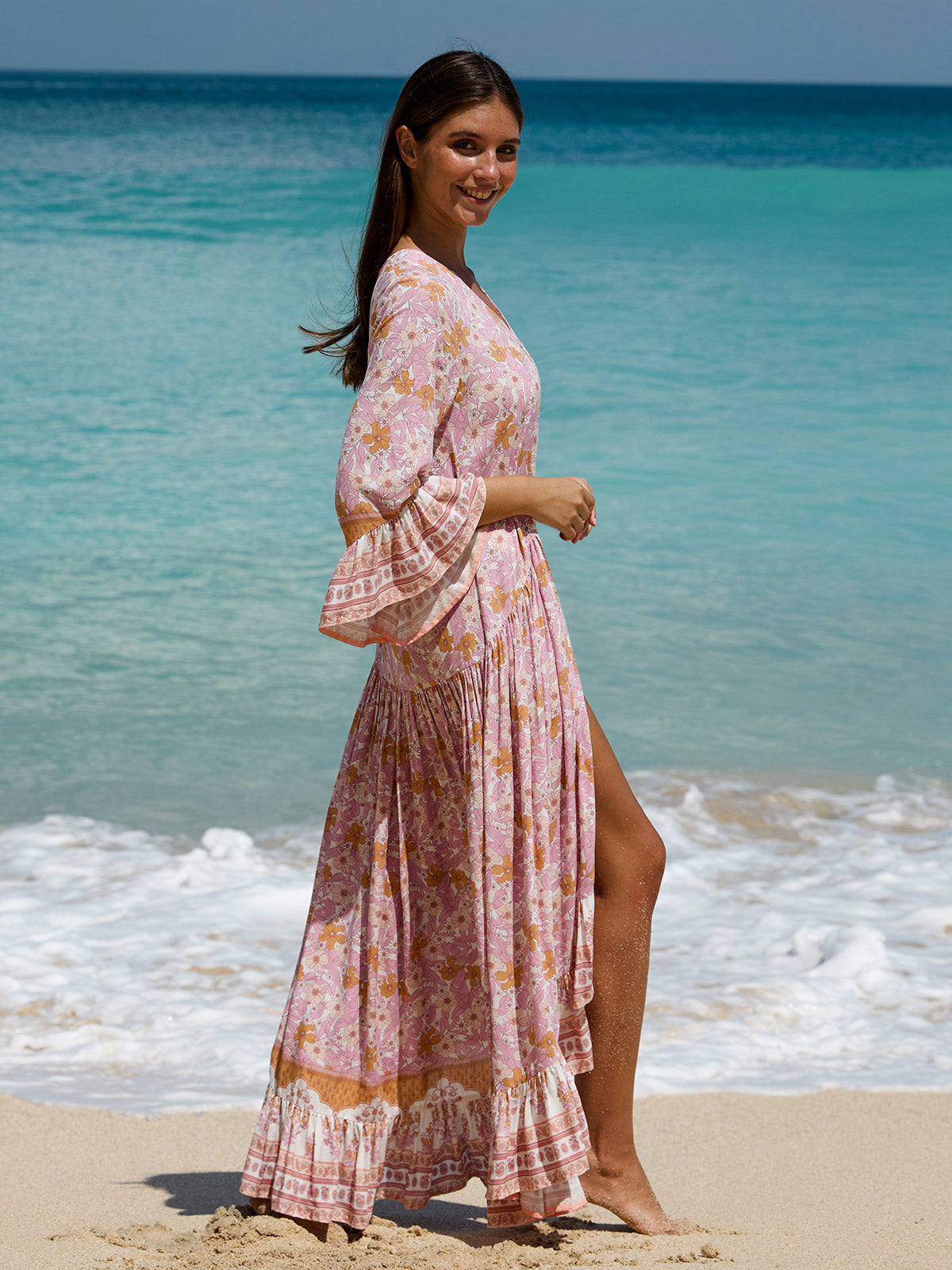 Pink Printed Ruffled Beach Dress