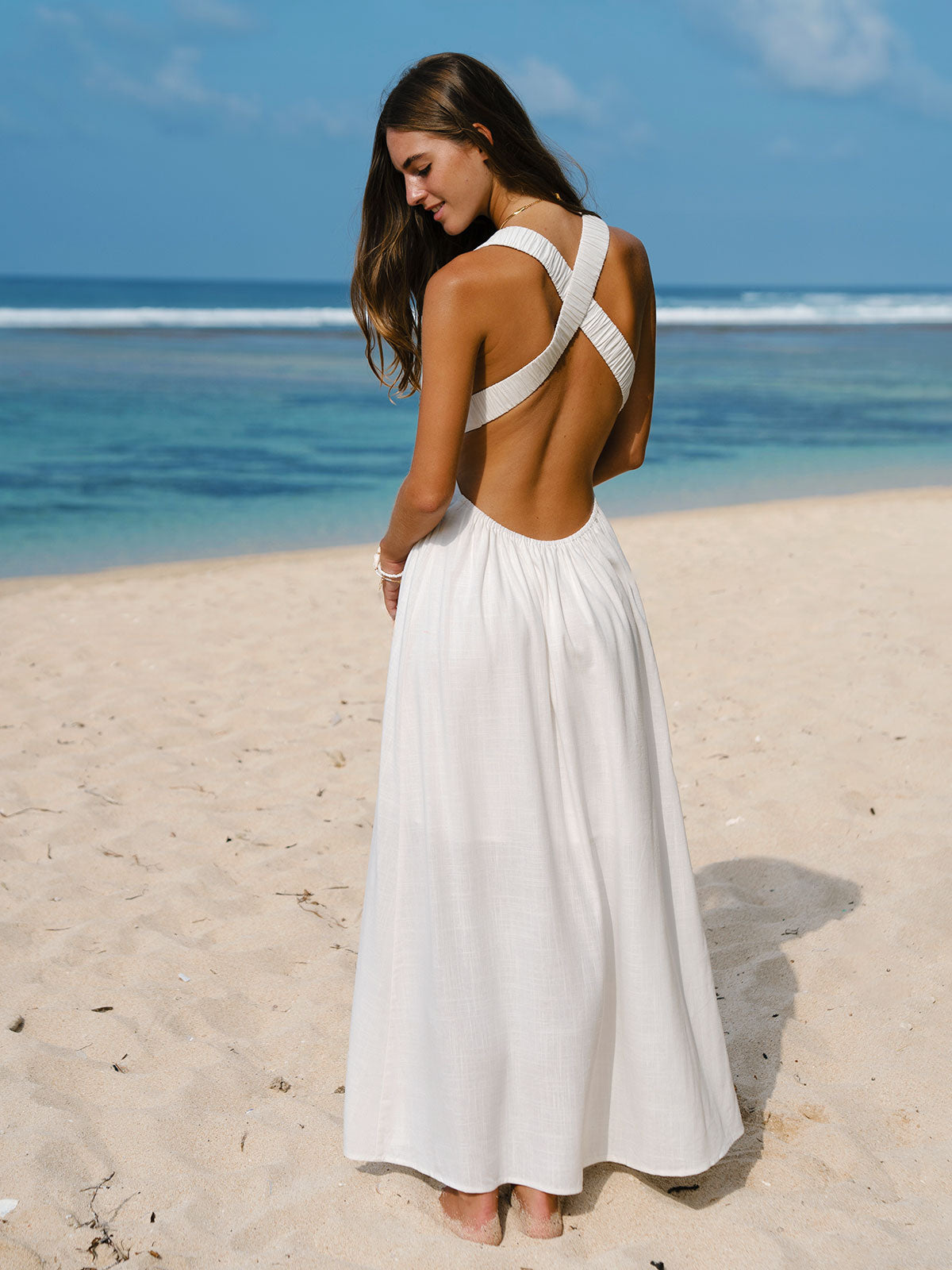 White V Neck Plaeted Beach Dress
