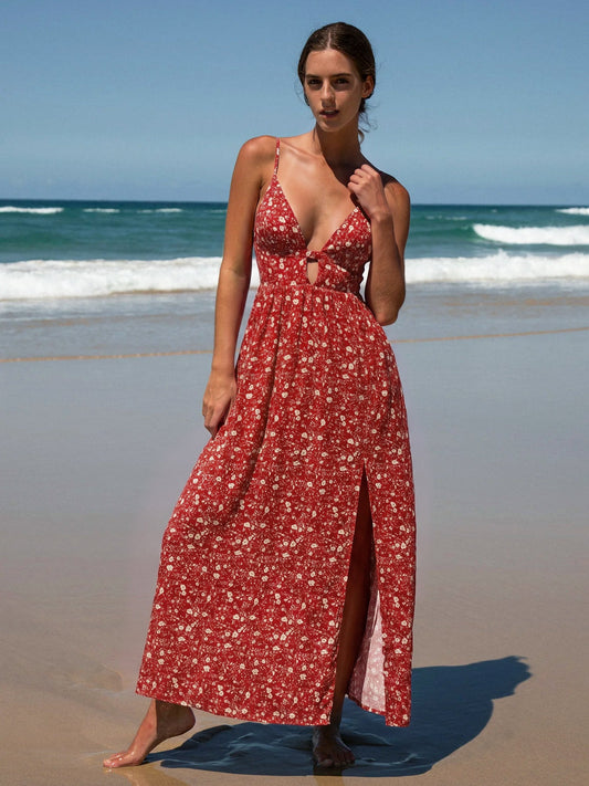 Red Floral Print Cutout Beach Dress