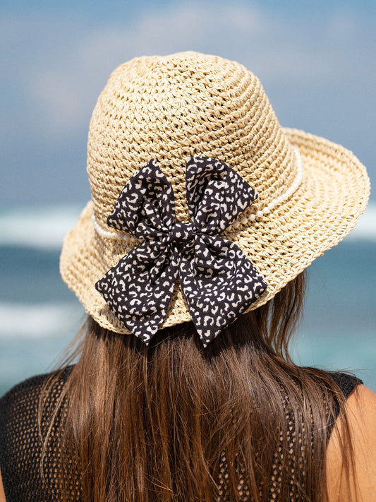 Khaki Pearl Trim Bow straw hat