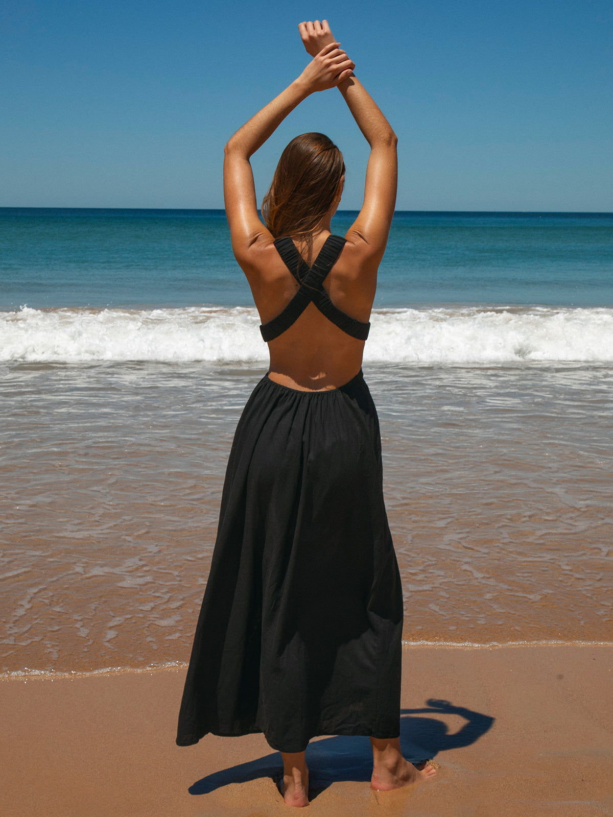 Black V Neck Plaeted Beach Dress